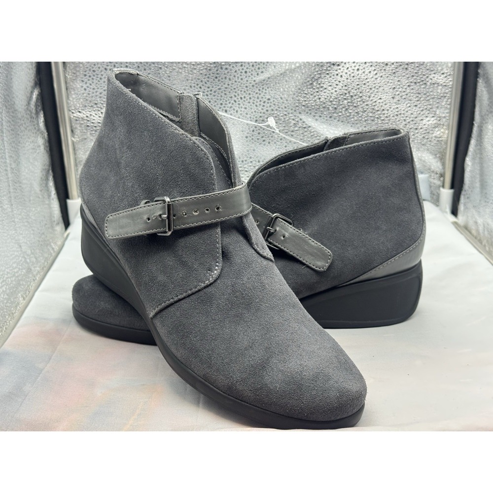 Trotters Leather Wedge Ankle Boots Womens 11N Gray Suede Zip Buckle Comfort Shoe